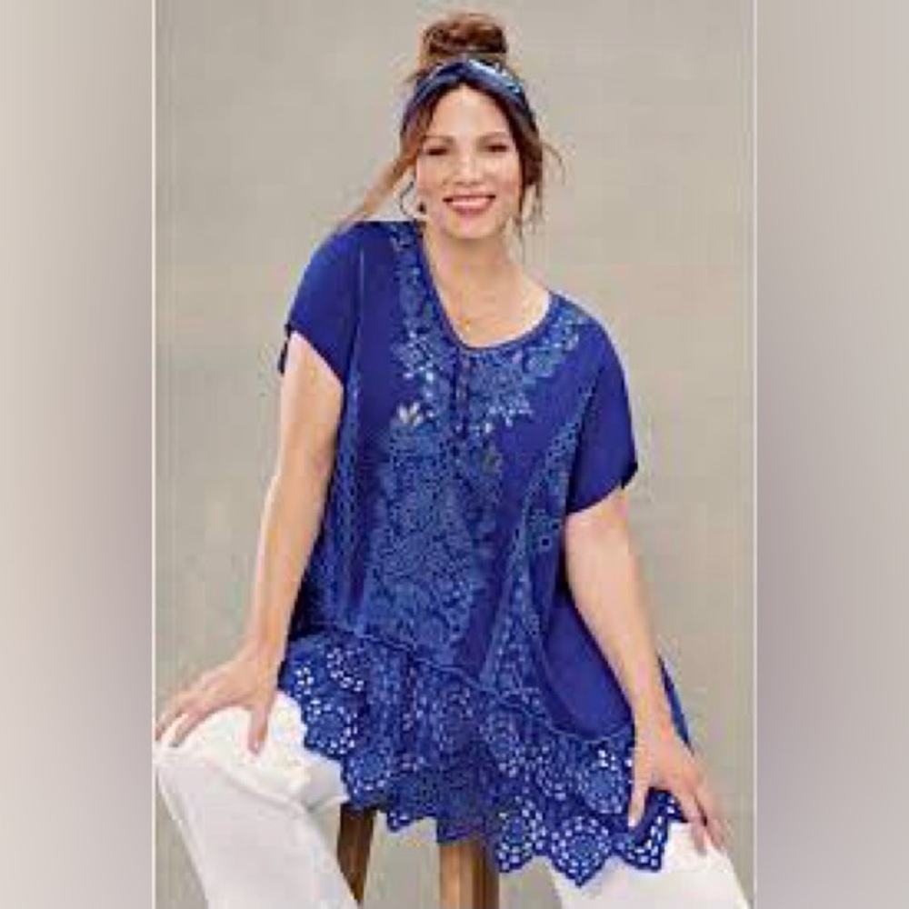 Johnny Was Cobalt Blue Embroidered Eyelet-Tier Tunic